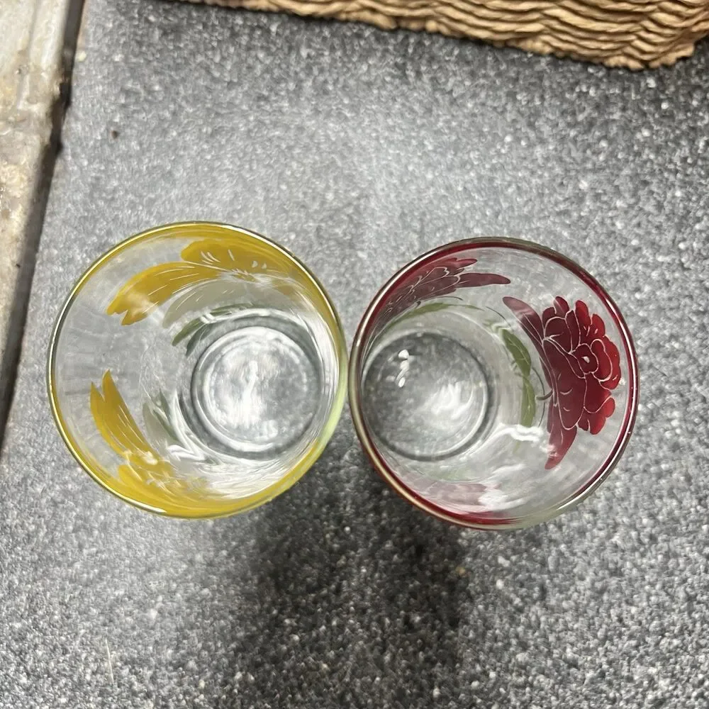 VTG Anchor Hocking/ Peanut Butter Glasses~Red Rose /Yellow Fiesta Flowers~Set 2